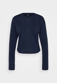 Pull court bleu marine en tricot texturé avec des manches longues, présentant un col rond et des motifs en relief élaborés.