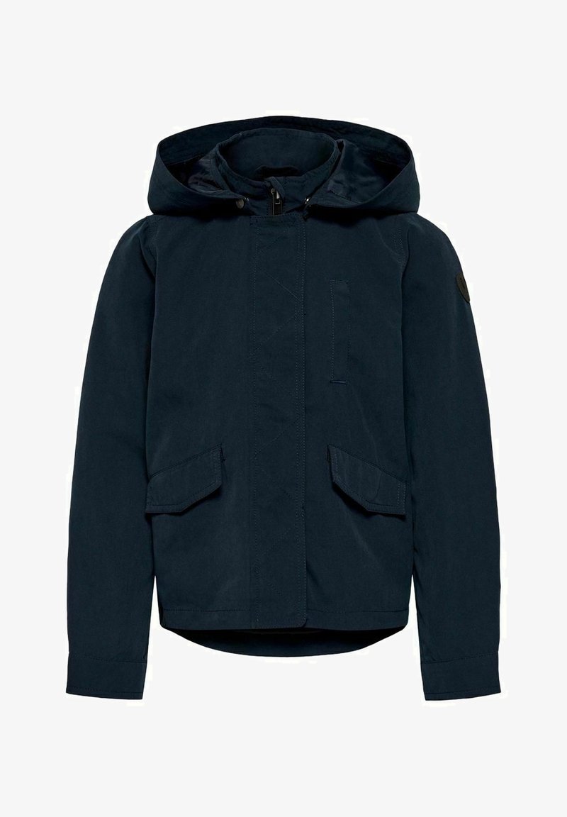 Navy blue jacket with a hood, zipper closure, two front pockets, and a patch on the sleeve. Features a textured fabric and a relaxed fit.