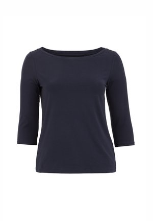 Granatowy damski top z rękawami o długości do połowy przedramienia i dekoltem w łódkę, prezentowany na jednolitym białym tle.