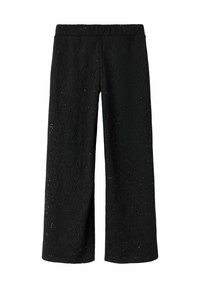 Czarne spodnie szerokie z tkaniny o fakturze, z wzorem w diamenty oraz małymi wycięciami. Elastyczny pas dla łatwego zakupu.