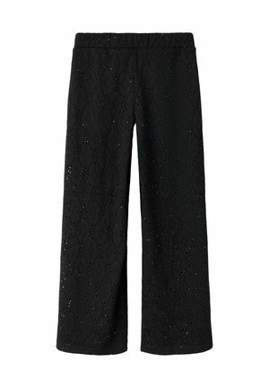 Black wide-leg pants made from textured fabric featuring a diamond pattern with small cut-outs. Elastic waistband for easy wear.