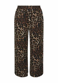 Leopardmönstrade vida byxor med svart bas och bruna samt krämfärgade mönster, elastisk midja och mjuk textur.