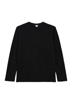 Schwarzes Langarmshirt aus einem weichen Stoff mit Rundhalsausschnitt und einer Brusttasche, das einen lässigen Schnitt und eine glatte Textur aufweist.