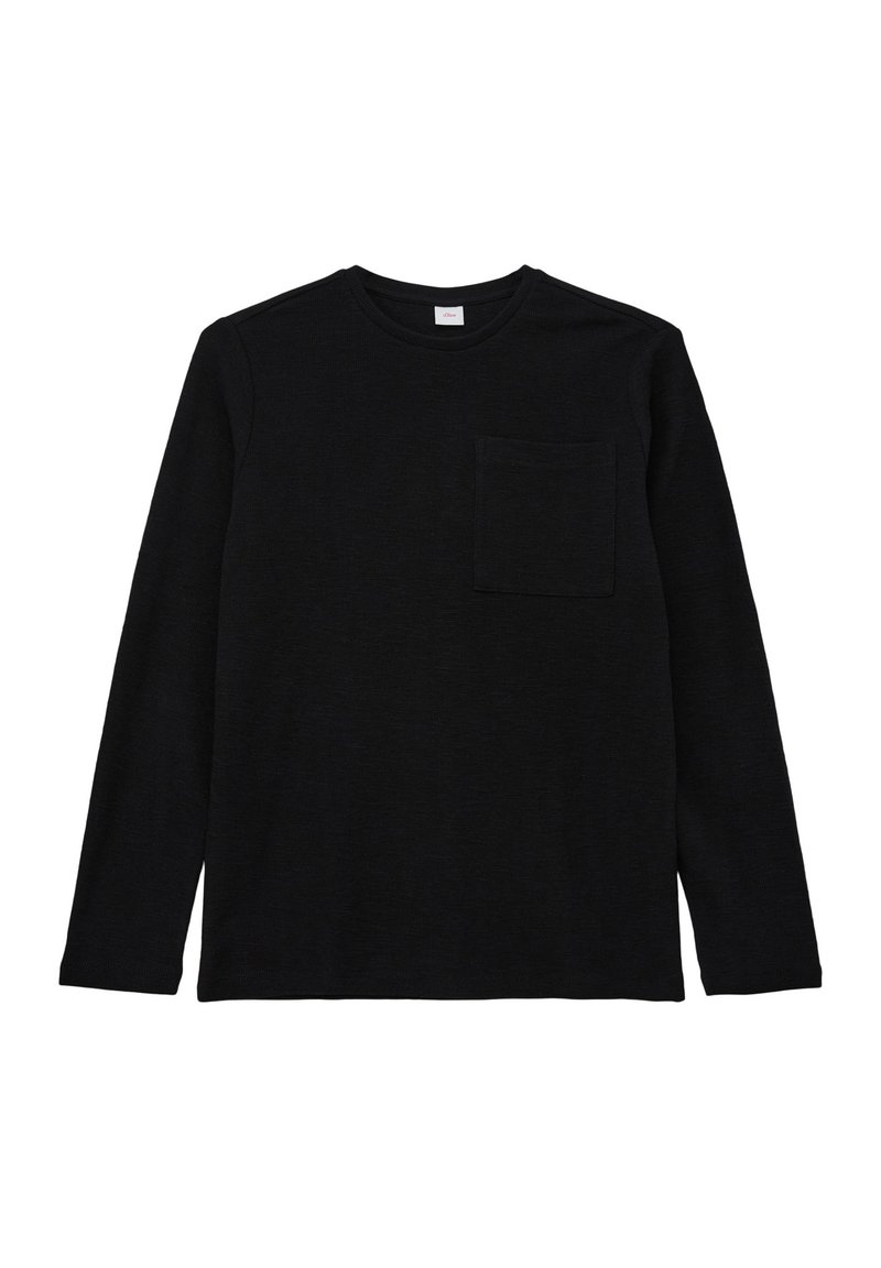 Zwarte longsleeve shirt in een zachte stof met een ronde hals en een borstzak, met een casual pasvorm en een gladde textuur.