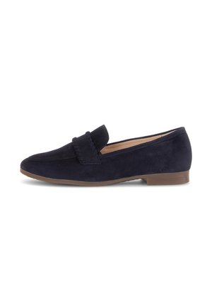 Navy suede loafers with a raised seam detail, low brown heel, and rounded toe. Smooth texture, minimalist design suitable for casual wear.