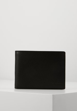 Schwarze Lederbörse mit strukturiertem Finish, zweifacher Faltung und sichtbaren Nähten. Kompakte Form, geeignet für Karten und Bargeld.