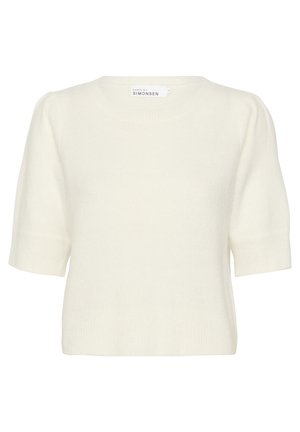 Krátky rukáv krémový sveter s okrúhlym výstrihom, ryhovanou textúrou a jemným povrchom. Má mierne naberané rukávy a uvoľnený strih.