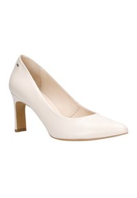 Décolleté bianco in pelle con punta affusolata e tacco a blocco moderato. L'interno è imbottito e presenta un logo discreto sul tacco.