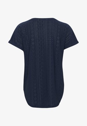 Mörkblå kortärmad topp med lös passform, med en texturerad spetsdesign och rundad nederkant bak, tillverkad av lättviktsmaterial.