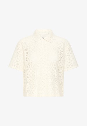 Bluză crem cu mâneci scurte din dantelă, cu guler, având modele decupate geometrice și florale și o fâșie ascunsă cu nasturi în față.