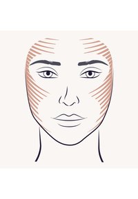 Illustrazione facciale con tratti contornati; linee rosa morbide per il contouring, design semplice degli occhi e uno sfondo neutro per enfatizzare.