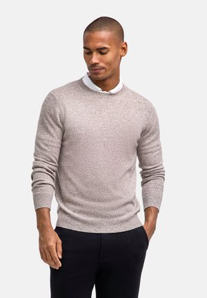 Hellgrauer, gestrickter Pullover mit rundem Ausschnitt und langen Ärmeln, getragen über einem weißen Hemd mit Kragen. Glatte Textur und figurbetontes Design.