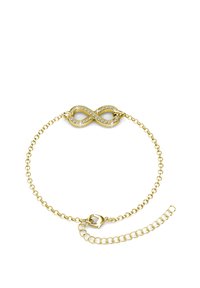 Bracciale color oro con simbolo dell'infinito decorato con strass trasparenti e tondi. Design a catena con chiusura sicura.