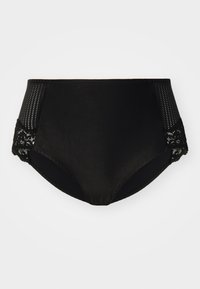Høyt liv svart undertøy med glatt stoff, blonde detaljer og mesh på sidene, med et klassisk, full dekning design.