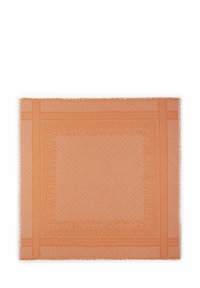 Orangeschal mit einem gemusterten Rand, der geometrische Designs aufweist und fransige Kanten hat. Hergestellt aus weichem Stoff mit glatter Textur.