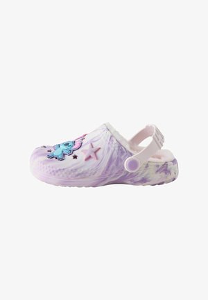 Lila-weiße Slip-On-Clogs mit blauem Cartoon-Charakter, pinker Stern-Dekoration, verstellbarem Riemen und weichem weißen Innenfutter.