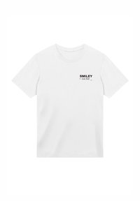 White cotton t-shirt with short sleeves, crew neck, features black text "SMILEY since Ltd.Edit 1971" on the left chest area.