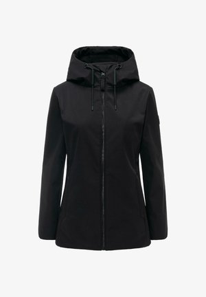 Zwarte damesjas met capuchon, voorrits en koordsluiting, met een aansluitend silhouet en lange mouwen.