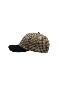 Cap aus kariertem Stoff in Braun und Grau, mit schwarzem Schirm und gesticktem Text. Das Design zeichnet sich durch eine strukturierte Form und einen Knopf an der Spitze aus.