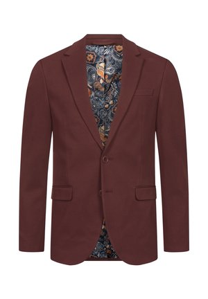 Blazer bordeaux avec un revers cranté, deux boutons et des poches latérales. Doublé d'un tissu à motifs avec des designs floraux et en paisley.
