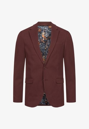 Bordeaux blazer met een notch-kraag, twee knopen en zijzakken. Gevoerd met een gestreept stof met floral en paisley ontwerpen.