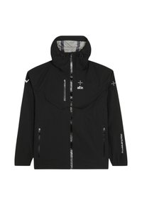Veste imperméable noire avec capuche, deux poches avant zippées, détails réfléchissants et logos de la marque sur la poitrine et la manche.