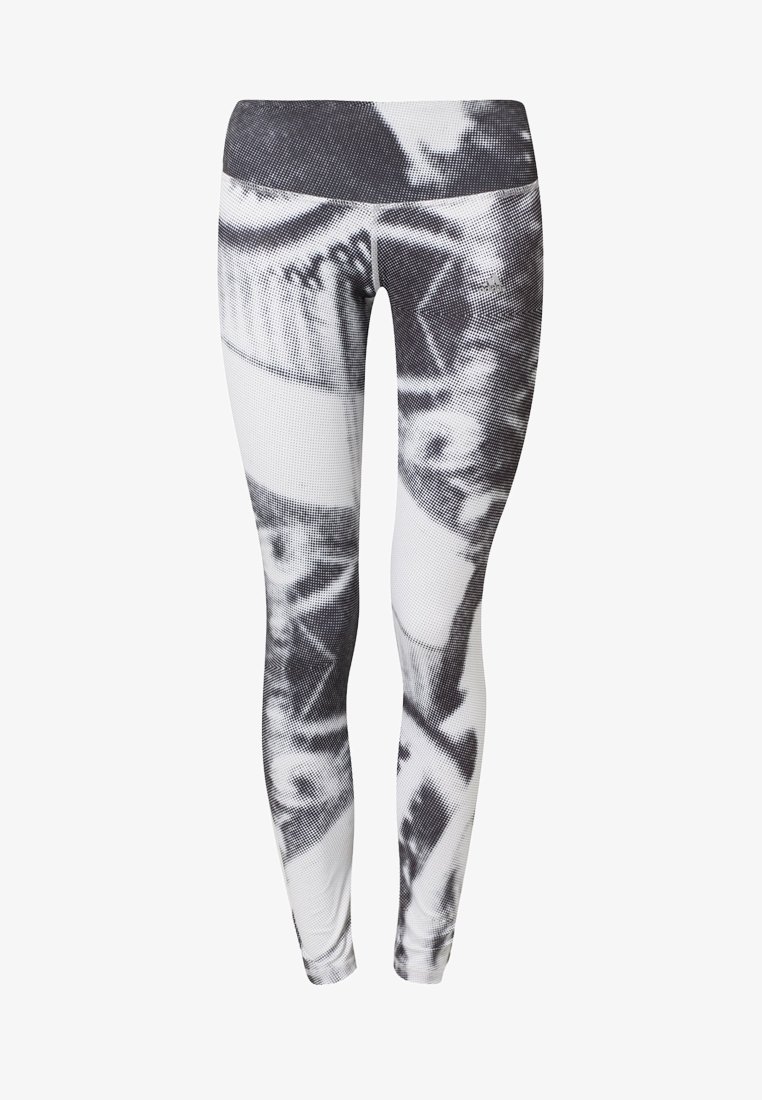 Czarno-białe legginsy z teksturowanym wzorem, z abstrakcyjnymi grafikami. Wysoki stan i dopasowany krój, idealne do aktywności fizycznej.