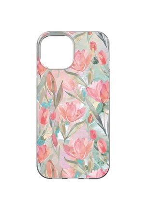 Clear phone case with a watercolor-style pattern of pink tulips and green leaves on a pastel multicolored background.