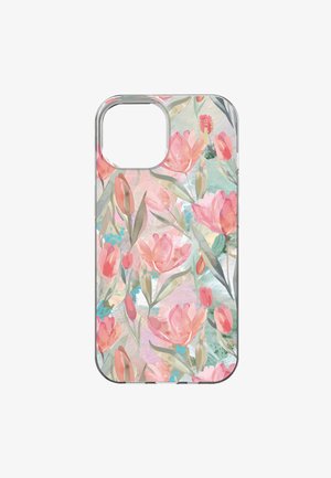 Clear phone case with a watercolor-style pattern of pink tulips and green leaves on a pastel multicolored background.