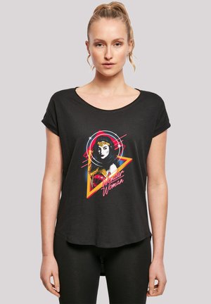 Black short-sleeve t-shirt featuring a graphic of Wonder Woman within a colorful geometric design and text below in white. Soft texture.