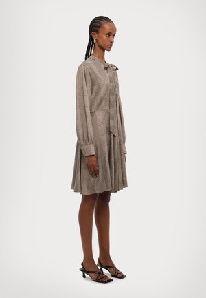 Braun-kariertes Kleid mit langen Ärmeln, Schleifenkragen und ausgestelltem Rock. Kombiniert mit schwarzen Riemchen-Pumps. Glatte Textur und taillierte Passform.