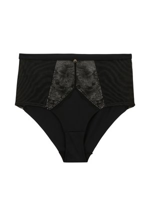 Culotte noire taille haute avec des panneaux en dentelle florale transparente, ornée d'un petit accent décoratif doré, tissu opaque lisse et texture douce.