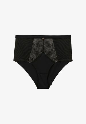 Culotte noire taille haute avec des panneaux en dentelle florale transparente, ornée d'un petit accent décoratif doré, tissu opaque lisse et texture douce.