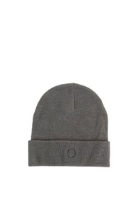 Donkergrijze gebreide beanie met opgerolde rand en een klein rond gestikt detail in het midden van de voorkant.