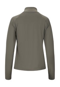 Long-sleeve olive green athletic jacket with high collar shown from the back, featuring smooth fabric and fitted cuffs.