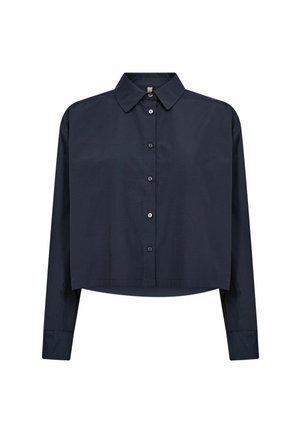 Tume mereva sinine lühike nööpidega pluus pikkade varrukatega ja klassikalise kraega, esitletud valgel taustal.