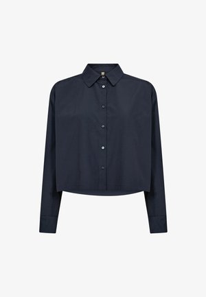 Donker marineblauw cropped overhemd met knopen, lange mouwen en een klassieke kraag, weergegeven op een witte achtergrond.