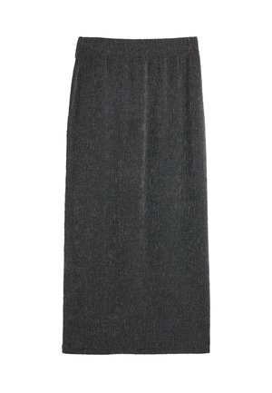 Gray, knee-length pencil skirt made from textured fabric with an elastic waistband. Straight shape, simple design, no visible patterns or accents.