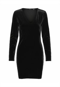Robe en velours noir à manches longues, décolleté en V profond, silhouette ajustée, texture lisse et coupe au genou. Aucune quincaillerie ni motifs visibles.