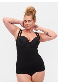 Body nero con coppe strutturate, pannello in pizzo trasparente e spalline regolabili. Realizzato in materiale liscio, silhouette aderente, texture a costine.
