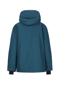 Veste teal résistante à l'eau avec capuche, poignets élastiques et texture lisse. Le dos présente un design épuré et minimaliste.