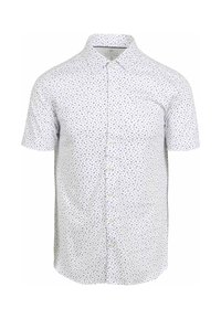 Kurzärmliges Hemd mit Knopfleiste, weiß mit schwarzem abstraktem Muster, klassischer Kragen und strukturierte Passform. Verfügt über eine durchgeknöpfte Front mit abgerundetem Saum.