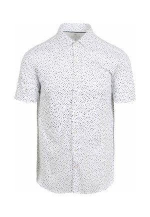 Kurzärmliges Hemd mit Knopfleiste, weiß mit schwarzem abstraktem Muster, klassischer Kragen und strukturierte Passform. Verfügt über eine durchgeknöpfte Front mit abgerundetem Saum.