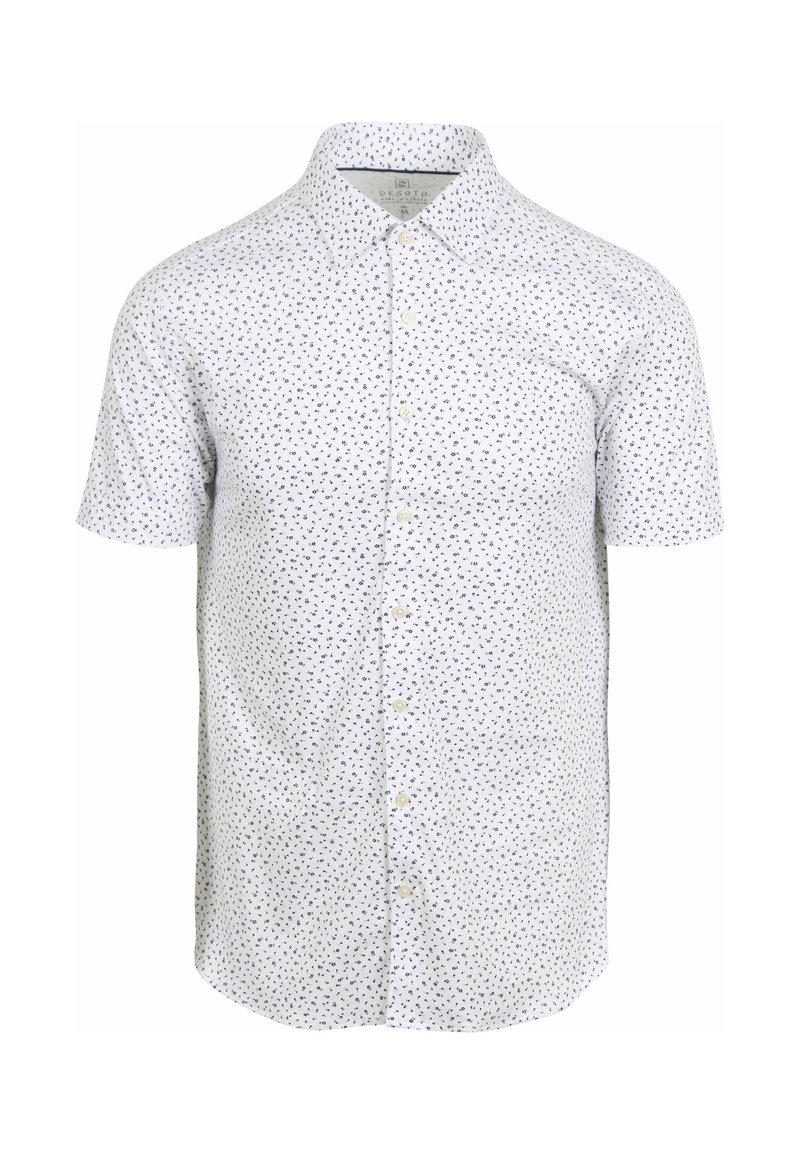 Kurzärmliges Hemd mit Knopfleiste, weiß mit schwarzem abstraktem Muster, klassischer Kragen und strukturierte Passform. Verfügt über eine durchgeknöpfte Front mit abgerundetem Saum.