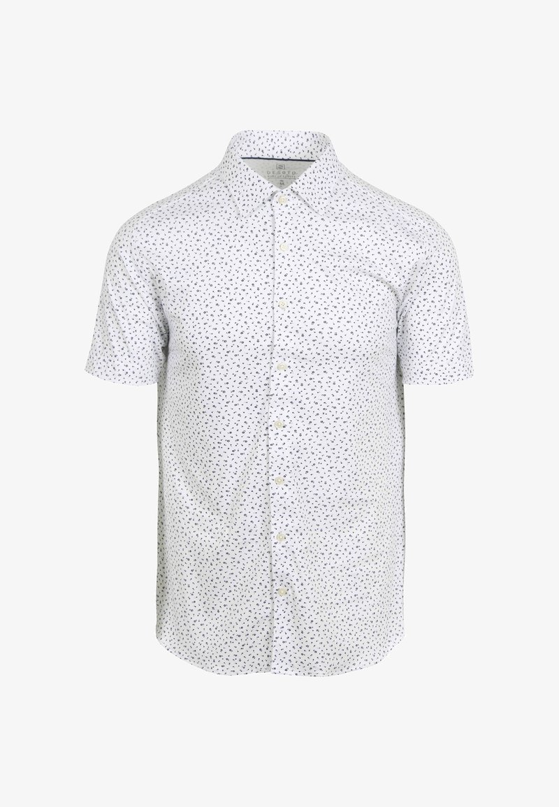 Kurzärmliges Hemd mit Knopfleiste, weiß mit schwarzem abstraktem Muster, klassischer Kragen und strukturierte Passform. Verfügt über eine durchgeknöpfte Front mit abgerundetem Saum.
