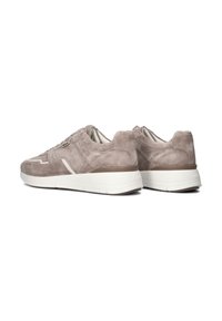 Suède sneakers in lichtgrijs met witte accenten, ronde neus, platte rubberen zool en een subtiele logo op de hak. Textuur overal.