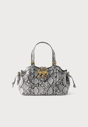 Snake print handbag with two handles, gold-tone hardware, and a decorative gold chain detail on the front flap.
