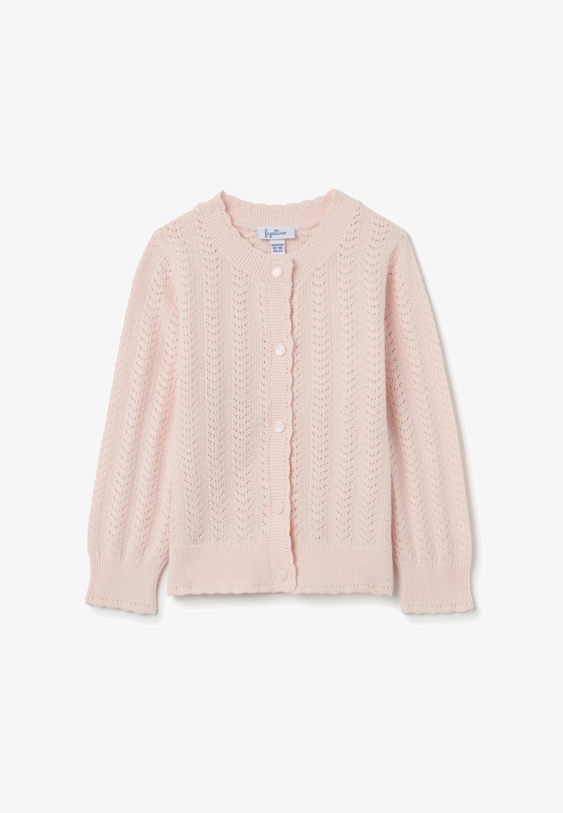 Cardigan en tricot rose clair avec un col rond à bords festonnés, fermeture à boutons à l'avant et un motif ajouré texturé avec des poignets côtelés.