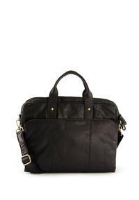 Schwarze Ledertasche mit zwei Griffen, verstellbarem Schulterriemen, vorderer Reißverschlusstasche und dezenten Metallakzenten. Glatte Textur, strukturierte Form.