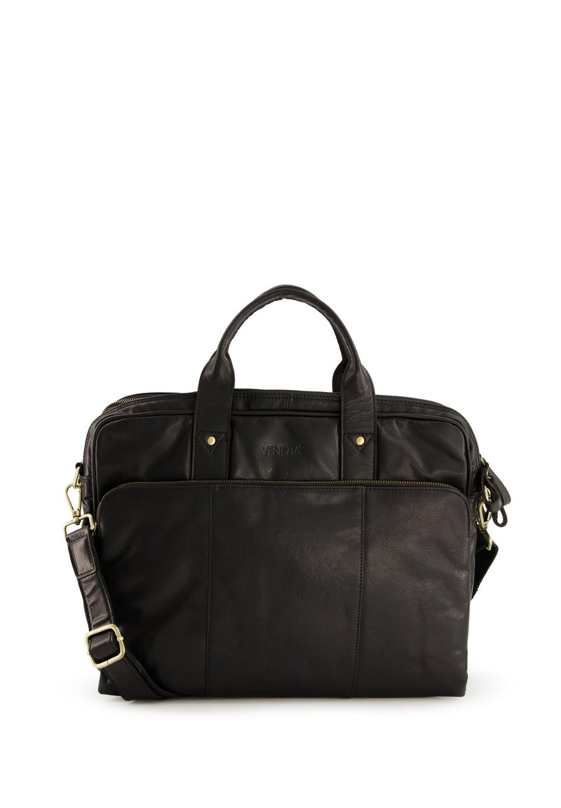 Schwarze Ledertasche mit zwei Griffen, verstellbarem Schulterriemen, vorderer Reißverschlusstasche und dezenten Metallakzenten. Glatte Textur, strukturierte Form.